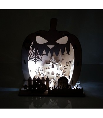 Laser cut 3D Pumpkin Shape with Halloween Scene on Stand